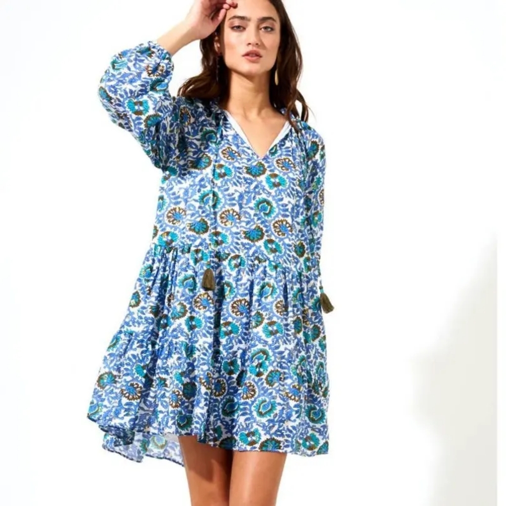 Oliphant balloon sleeve Napa blue floral dress size medium
